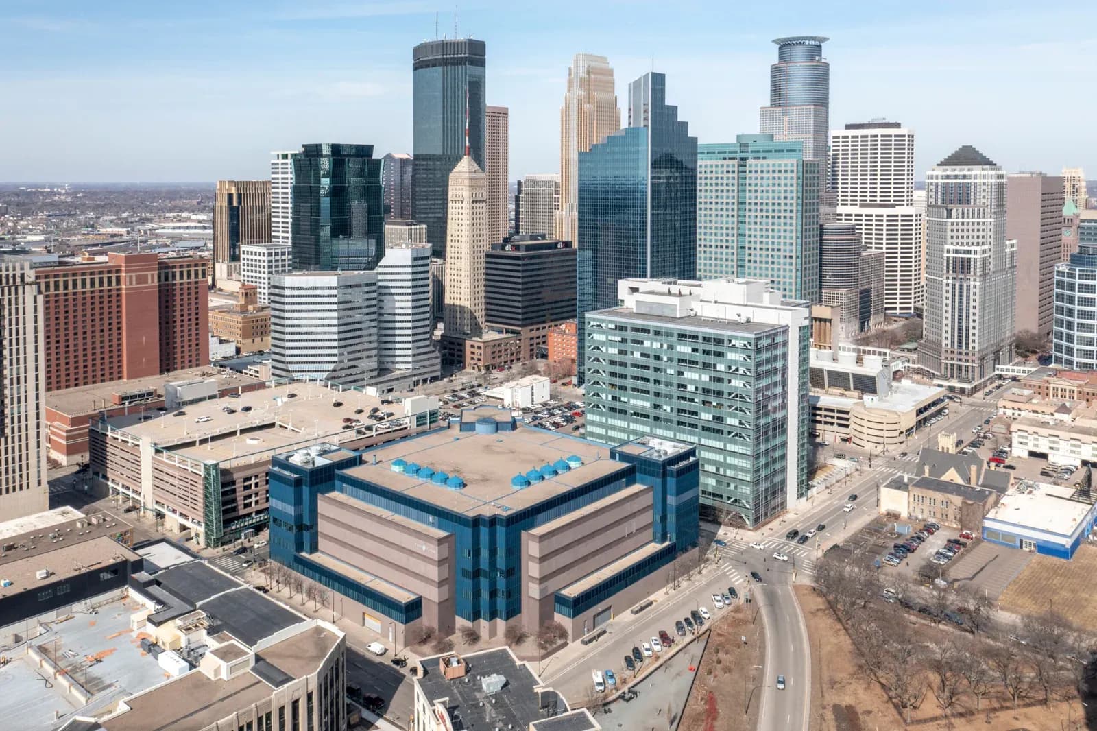 Aerial view of a data center facility with rooftop cooling units in downtown Minneapolis