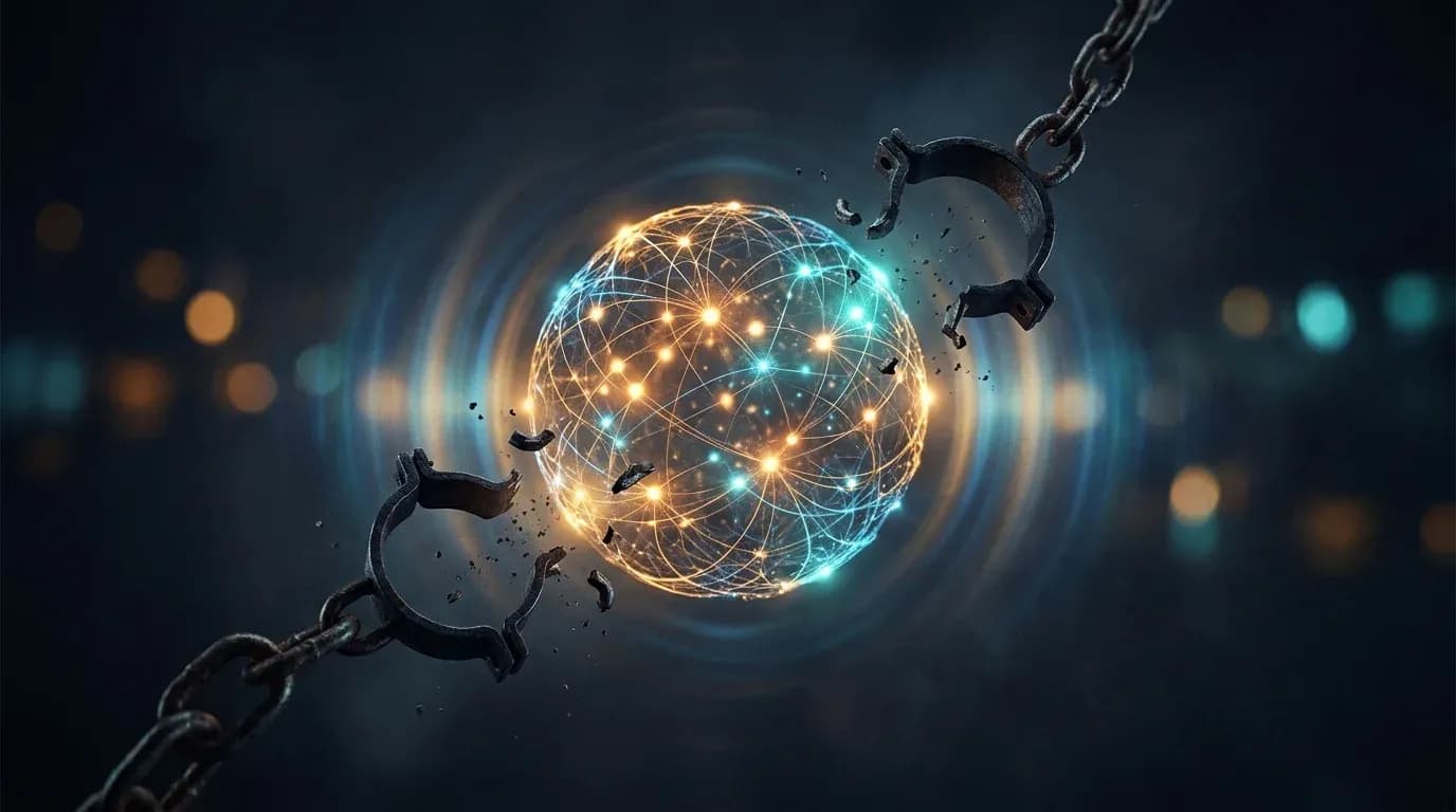 Illustration of a glowing AI network sphere breaking free of iron shackles and chains, representing Anthropic's Fable 5 released from its export restrictions
