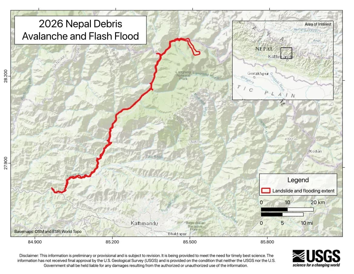 Map showing the landslide and flooding extent of the 2026 Nepal debris avalanche and flash flood between Langtang and Kathmandu.
